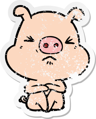 Sinirli bir çizgi film çıkartması. Kızgın bir domuz oturmuş bir insan tarafından çizilmeyi bekliyor.