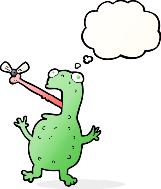 Bir insan tarafından çizilmiş düşünce baloncuğuyla sinek yakalayan kurbağa.