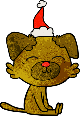 Bir insan tarafından çizilmiş Noel Baba şapkası takan bir köpeğin el çizimi karikatürü.