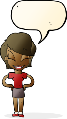 Bir insan tarafından çizilmiş konuşma balonlu elleri olan çizgi film kadını.