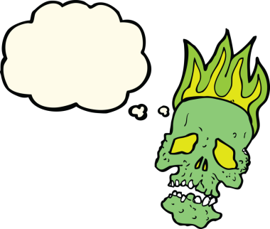 Bir insan tarafından çizilmiş düşünce baloncuklu bir kafatası.