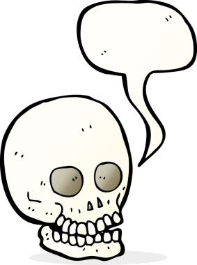Bir insan tarafından çizilmiş, konuşma baloncuklu bir kafatası.