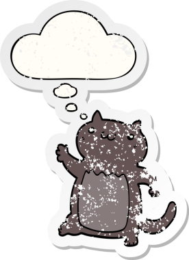 Düşünce baloncuğu olan çizgi film kedisi insan tarafından çizilmiş yıpranmış bir çıkartma.