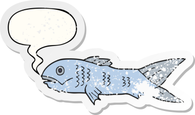 Konuşma baloncuğu olan çizgi film balıkları bir insan tarafından çizilmiş sıkıntılı eski bir çıkartma