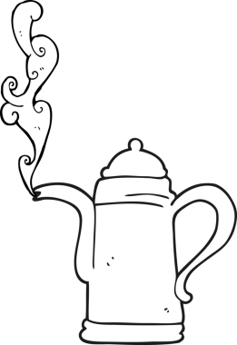 Bir insan tarafından çizilmiş siyah beyaz bir çizgi film buharlı kahve ısıtıcısı.