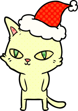 Bir insan tarafından çizilmiş Noel Baba şapkası giyen parlak gözlü bir kedinin el çizimi çizgi roman tasviri.