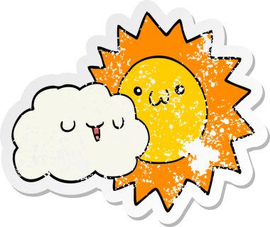 Çizgi film güneşinin sıkıntılı çıkartması ve bir insan tarafından çizilmiş bulut.