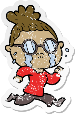 Bir insan tarafından çizilmiş gözlüklü, ağlayan bir karikatür çıkartması.