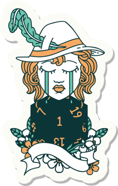 Ağlayan bir insan ozanın çıkartması. Bir insan tarafından çizilmiş doğal 1 D20 rulosu.