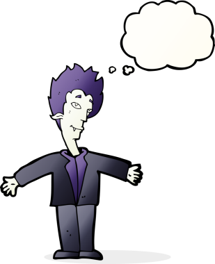 Bir insan tarafından çizilmiş düşünce balonlu mutlu vampir çizgi filmi.