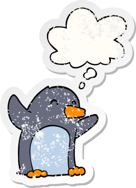 Çizgi film, insan tarafından çizilmiş kederli bir çıkartma gibi düşünce baloncuğu ile penguenleri heyecanlandırdı.