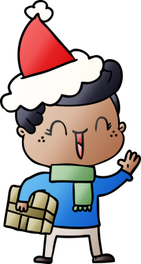 Bir insan tarafından çizilmiş Noel Baba şapkası giymiş gülen bir çocuğun el çizimi karikatürü.