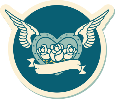 Geleneksel bir dövme stili. Uçan kalp. Çiçekler ve bir insan tarafından çizilmiş bayrak.