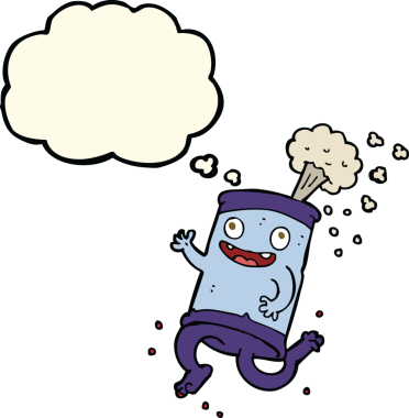 Bir insan tarafından çizilmiş düşünce baloncuklu karikatür soda kutusu.