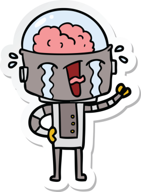 Bir insan tarafından çizilmiş ağlayan bir robot çıkartması.