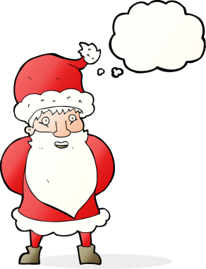 Bir insan tarafından çizilmiş düşünce baloncuklu Noel Baba çizgi filmi.