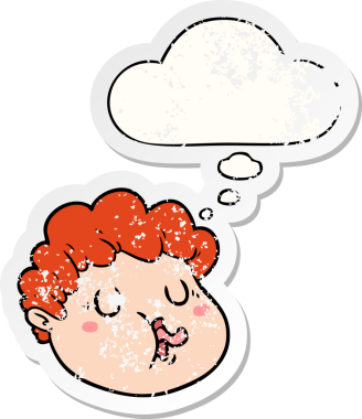 Düşünce baloncuklu karikatür erkek yüzü bir insan tarafından çizilmiş yıpranmış bir çıkartma gibi.