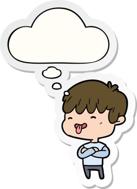 Çizgi filmci çocuk, insan tarafından çizilmiş bir çıkartma gibi düşünce balonuyla dilini dışarı çıkarıyor.