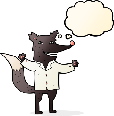 Bir insan tarafından çizilmiş düşünce balonlu tişört giyen mutlu kurt çizgi filmi.