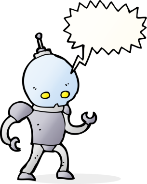 Bir insan tarafından çizilmiş konuşma balonlu uzaylı robot.