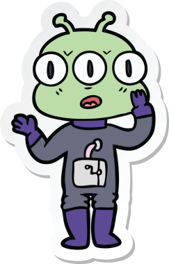 Çizgi film çıkartması. Bir insan tarafından çizilmiş üç gözlü uzaylı.