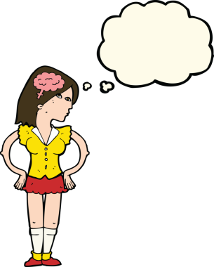 Bir insan tarafından çizilmiş düşünce baloncuğu olan zeki bir kadın.