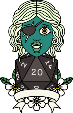 Retro Dövme Biçimi Bir insan tarafından çizilmiş 20 zarlı yarı ork düzenbaz karakter