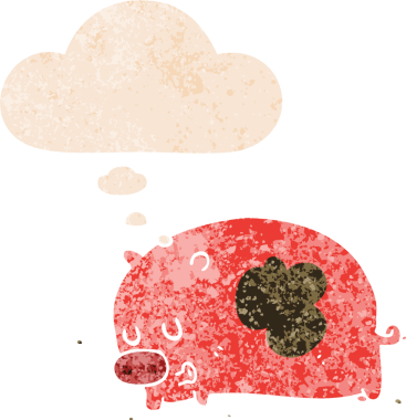 Homurdanan düşünce baloncuğu olan sevimli çizgi film domuzu bir insan tarafından çizilmiş dertli retro dokuma tarzı