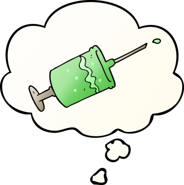 Düşünce baloncuklu şırınga iğnesi, bir insan tarafından çizilmiş düzgün eğimli bir şekil.