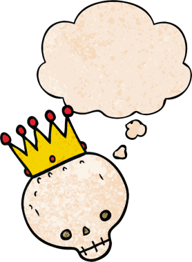 Düşünce baloncuklu taç ve insan tarafından çizilmiş grunge desenli bir kafatası.