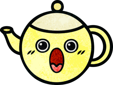 Bir insanın çizdiği çay demliğinin retro grunge desenli karikatürü.