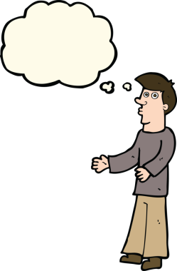 Bir insan tarafından çizilmiş düşünce baloncuğu olan meraklı bir adam.