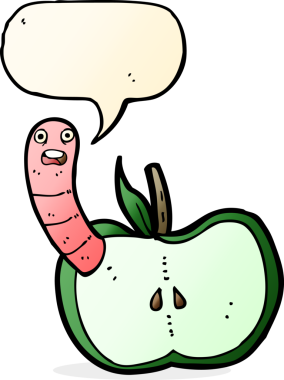 bir insan tarafından çizilmiş konuşma baloncuklu kurtlu çizgi film elması