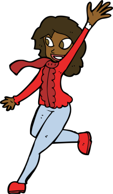 Bir insan tarafından çizilmiş kışa uygun giyinmiş bir çizgi film kadını.