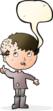 Bir insan tarafından çizilmiş konuşma baloncuğuyla kafasında büyüyen çizgi film çocuğu.