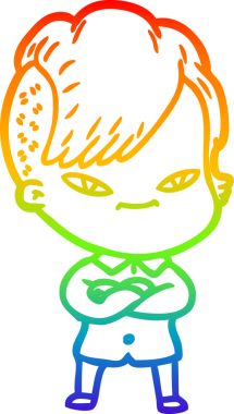 Gökkuşağı gradyan çizimi. Hipster saç kesimi bir insan tarafından çizilmiş şirin bir çizgi film kızı.