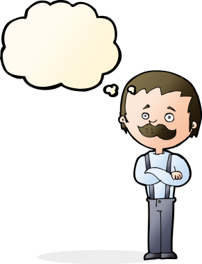 Bir insan tarafından çizilmiş düşünce baloncuklu bıyıklı çizgi film adamı.