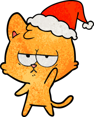 Bir insan tarafından çizilmiş Noel Baba şapkası takan bir kedinin çizilmiş el resmi.