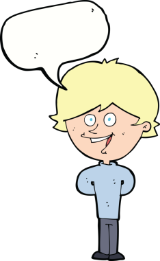 Bir insan tarafından çizilmiş konuşma balonu olan mutlu bir çocuk.