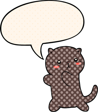 Bir insan tarafından çizilmiş çizgi roman tarzında konuşma balonu olan sevimli bir çizgi film kedisi.