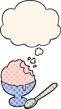 Çizgi roman tarzında bir insan tarafından çizilmiş düşünce balonlu dondurmalı tatlı.