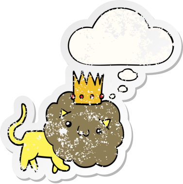 Düşünce baloncuklu taç takan çizgi film aslanı insan tarafından çizilmiş yıpranmış bir çıkartma gibi.