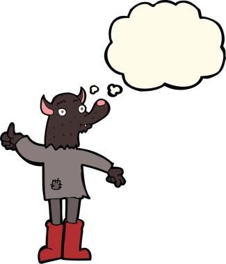 Bir insan tarafından çizilmiş düşünce balonu olan komik bir kurt adam.