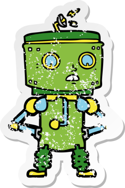 Bir insan tarafından çizilmiş kalça üzerinde elleri olan çizgi film robotunun sıkıntılı çıkartması.