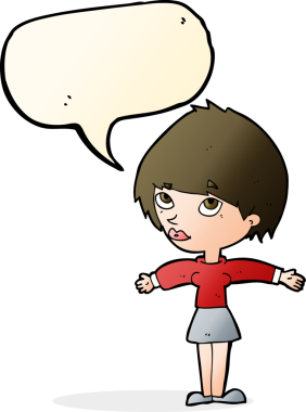 Bir insan tarafından çizilmiş konuşma balonlu açık kollu çizgi film kadını.