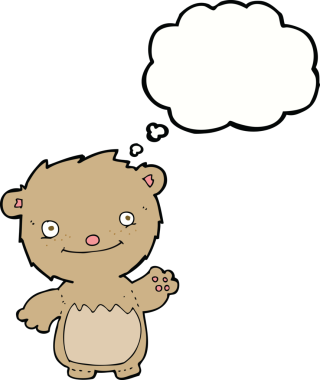 Bir insan tarafından çizilmiş düşünce balonlu oyuncak ayıyı sallayan çizgi film.