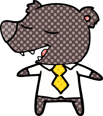 Bir insan tarafından çizilmiş gömlek ve kravat giyen çizgi film ayısı.