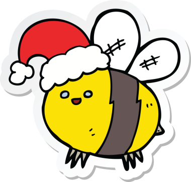 Bir insan tarafından çizilmiş Noel şapkası takan sevimli bir çizgi film arısının çıkartması.