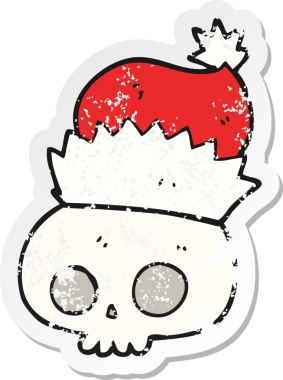 Bir insan tarafından çizilmiş noel şapkası giyen bir karikatür kafatası etiketi.