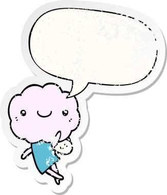 Konuşma baloncuğu olan sevimli bulut kafalı yaratık bir insan tarafından çizilmiş sıkıntılı eski bir çıkartma